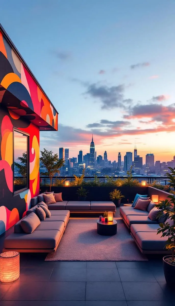 artistic rooftop mural wall paired with modern modular seating 1