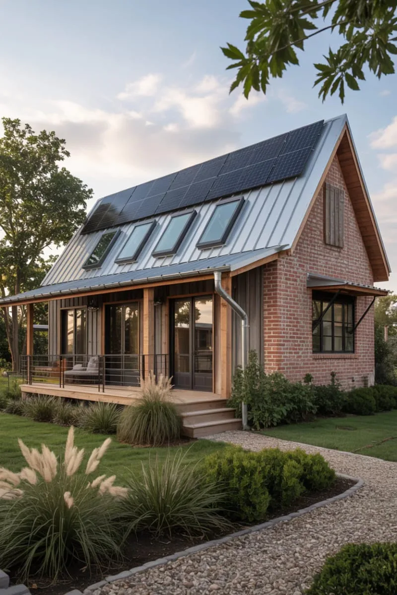 asymmetrical roofline with integrated solar panels and skylights 1