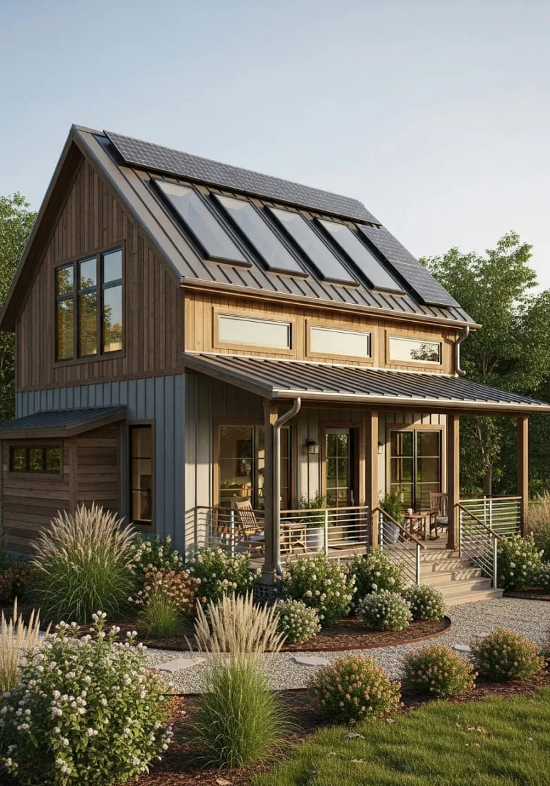 asymmetrical roofline with integrated solar panels and skylights 1