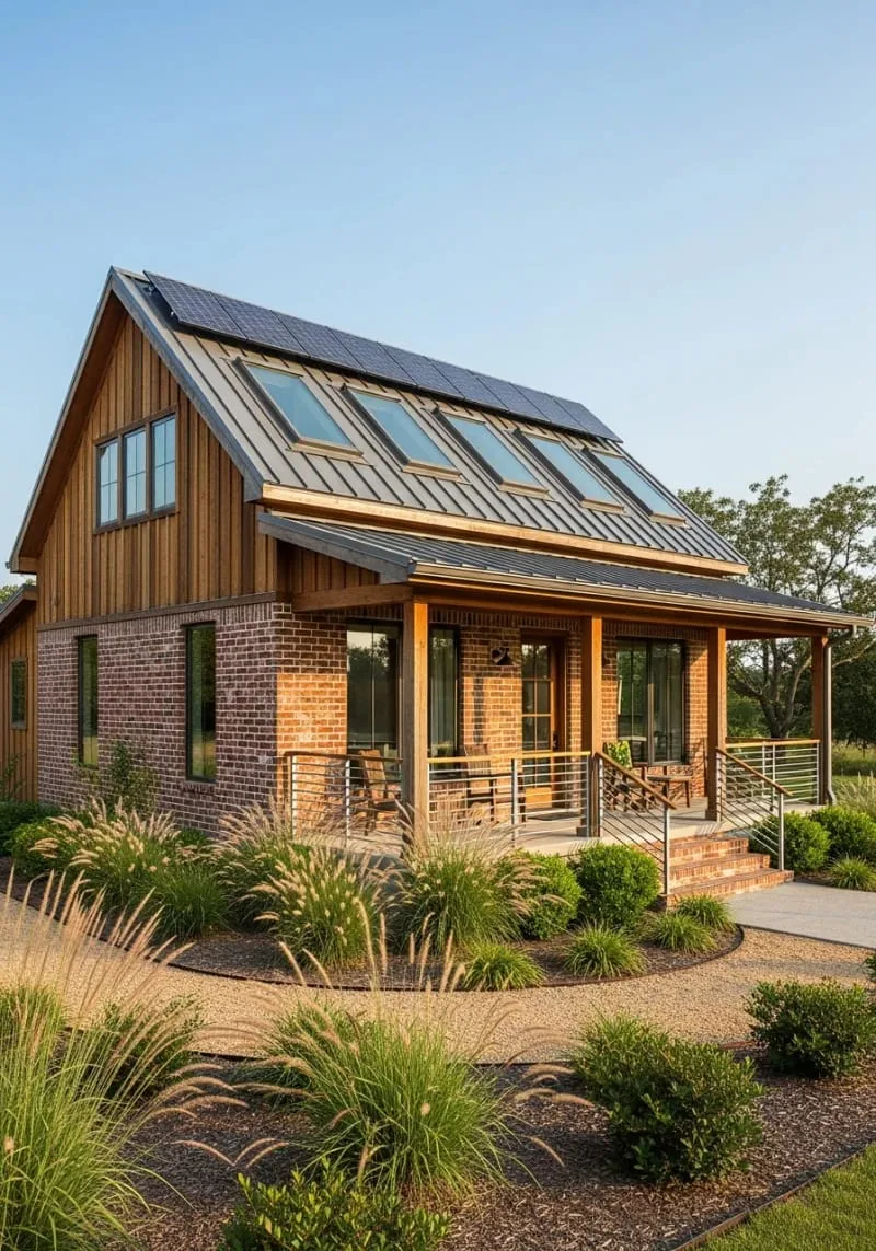 asymmetrical roofline with integrated solar panels and skylights 1