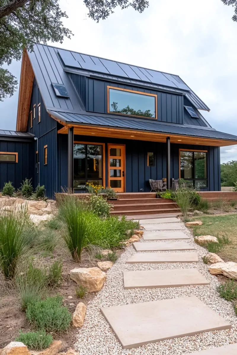 asymmetrical roofline with integrated solar panels and skylights 1