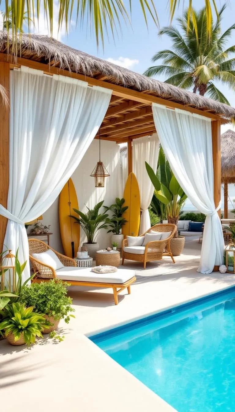 australian-inspired open-air cabana with breezy white drapes and surf decor 1