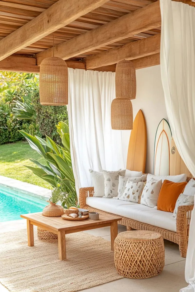 australian-inspired open-air cabana with breezy white drapes and surf decor 1