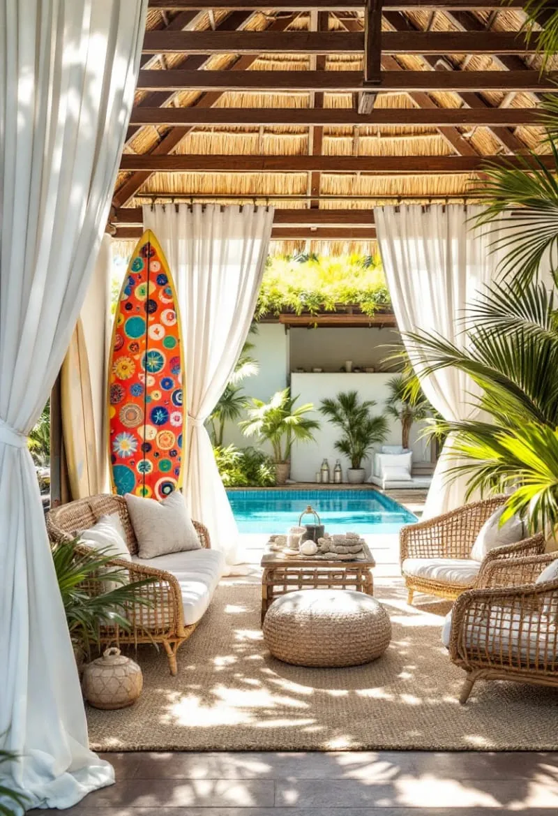 australian-inspired open-air cabana with breezy white drapes and surf decor 1