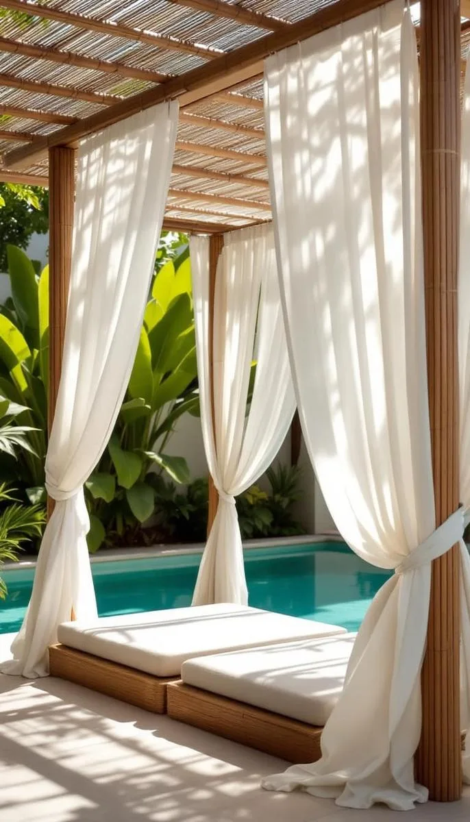 bamboo pergola with flowing white curtains for a serene, spa-like pool retreat 1 bamboo pergola with flowing white curtains for a serene, spa-like pool retreat 1