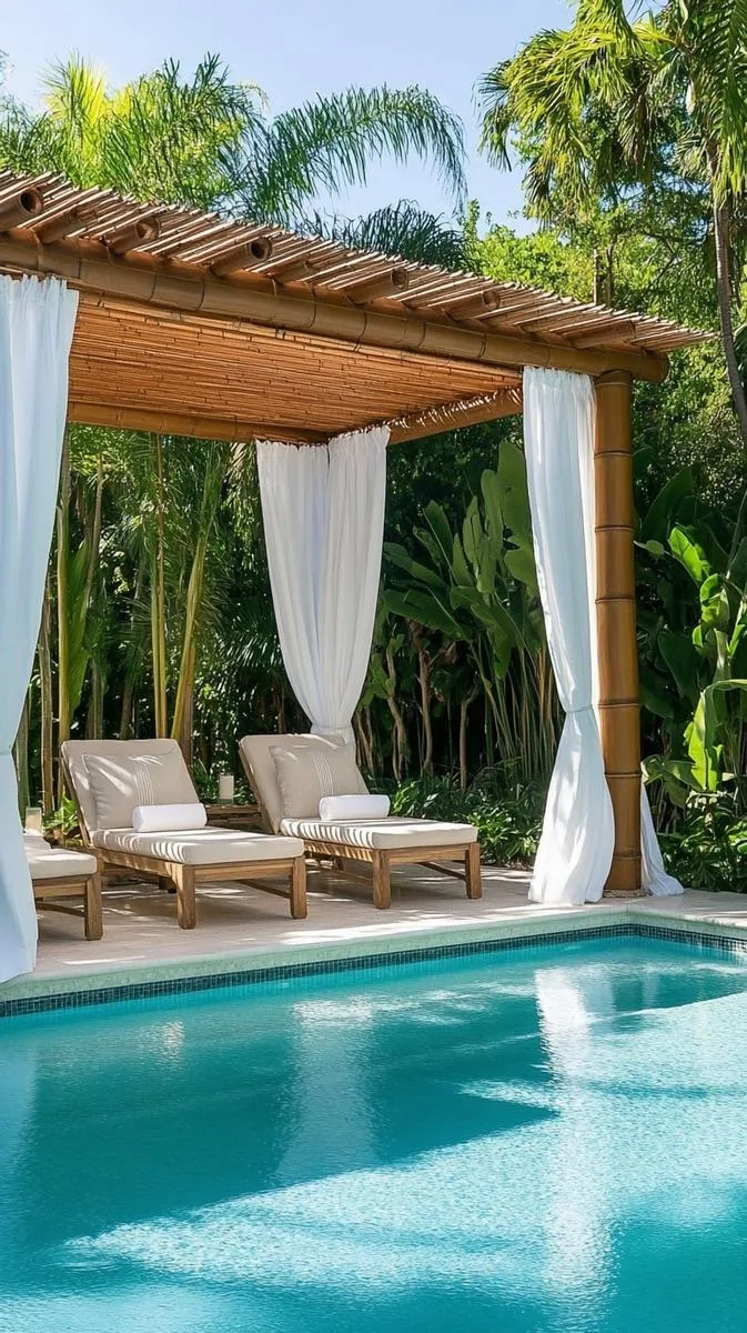 bamboo pergola with flowing white curtains for a serene, spa-like pool retreat 1 bamboo pergola with flowing white curtains for a serene, spa-like pool retreat 1