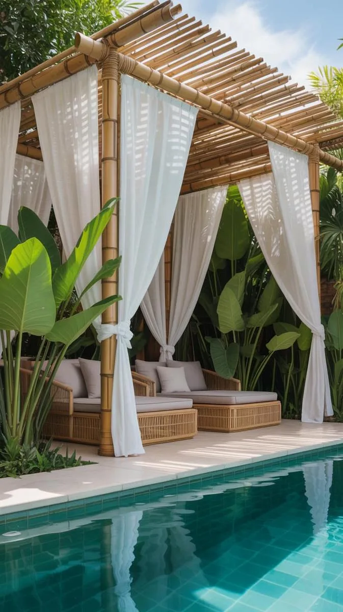 bamboo pergola with flowing white curtains for a serene, spa-like pool retreat 1 bamboo pergola with flowing white curtains for a serene, spa-like pool retreat 1