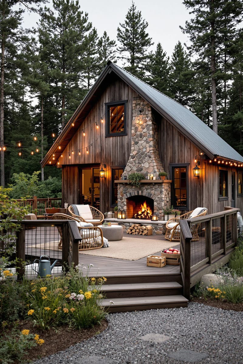 21 Small Barn House Designs with Modern Rustic Charm 41 barn home with outdoor fireplace and wrap deck 1