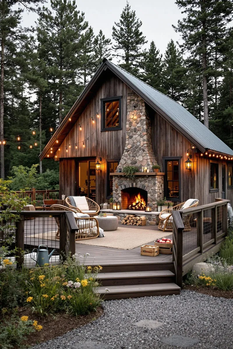 21 Small Barn House Designs with Modern Rustic Charm 41 barn home with outdoor fireplace and wrap deck 1
