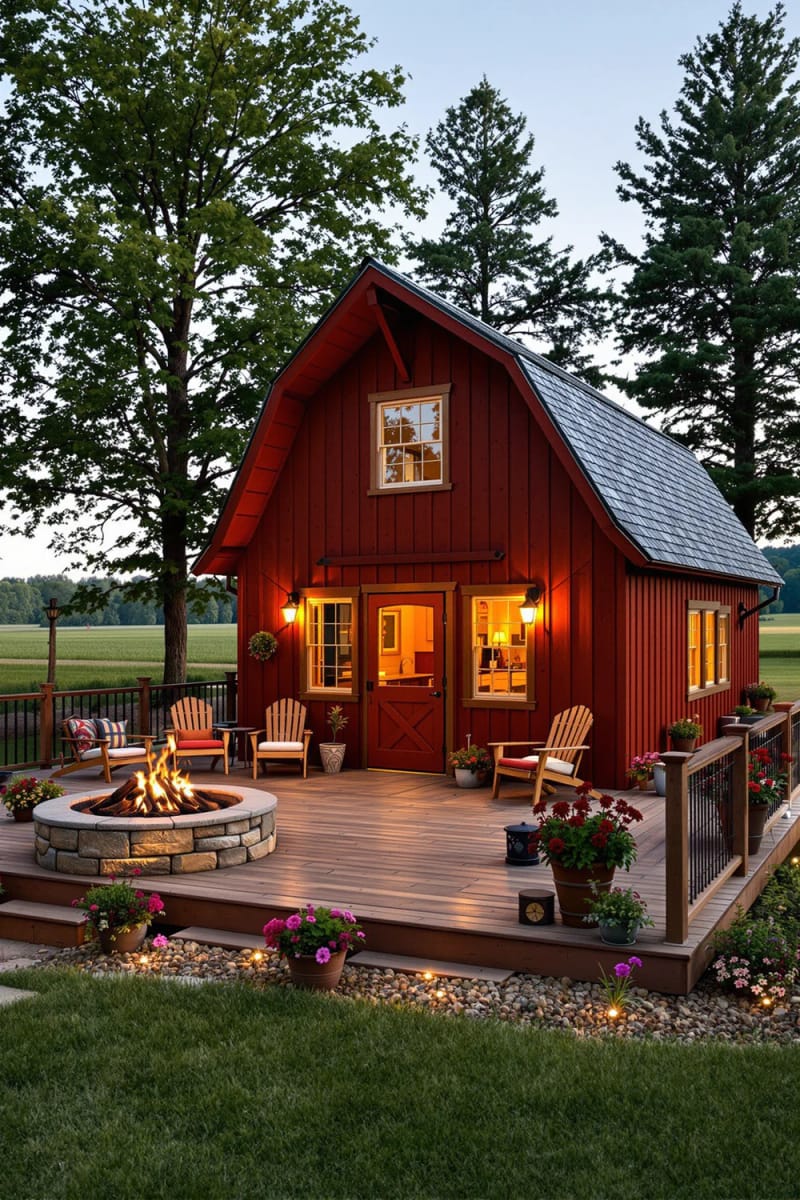21 Small Barn House Designs with Modern Rustic Charm 44 barn home with outdoor fireplace and wrap deck 1