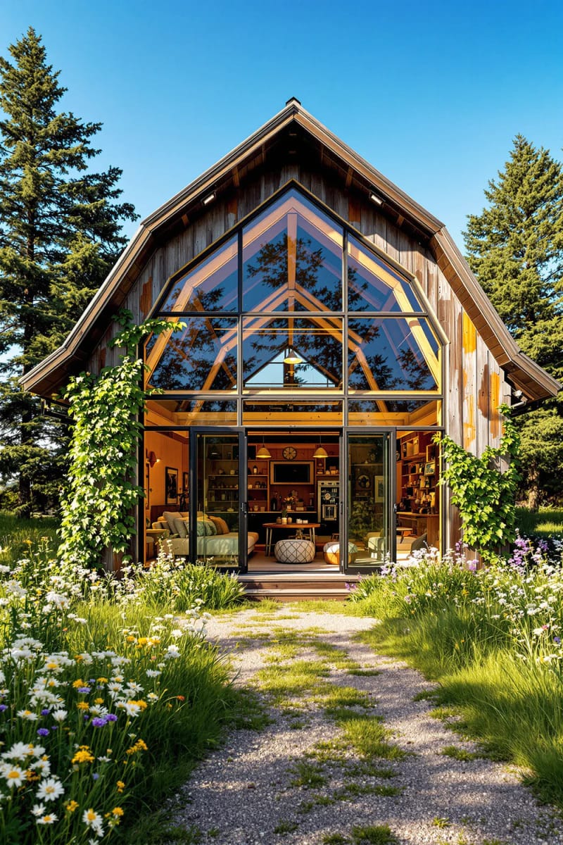 21 Small Barn House Designs with Modern Rustic Charm 28 barn house with open loft and front glass wall 1