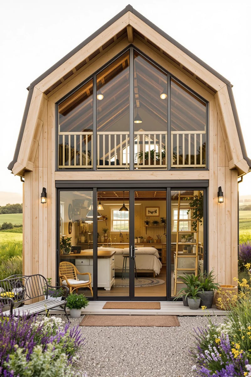 21 Small Barn House Designs with Modern Rustic Charm 29 barn house with open loft and front glass wall 1