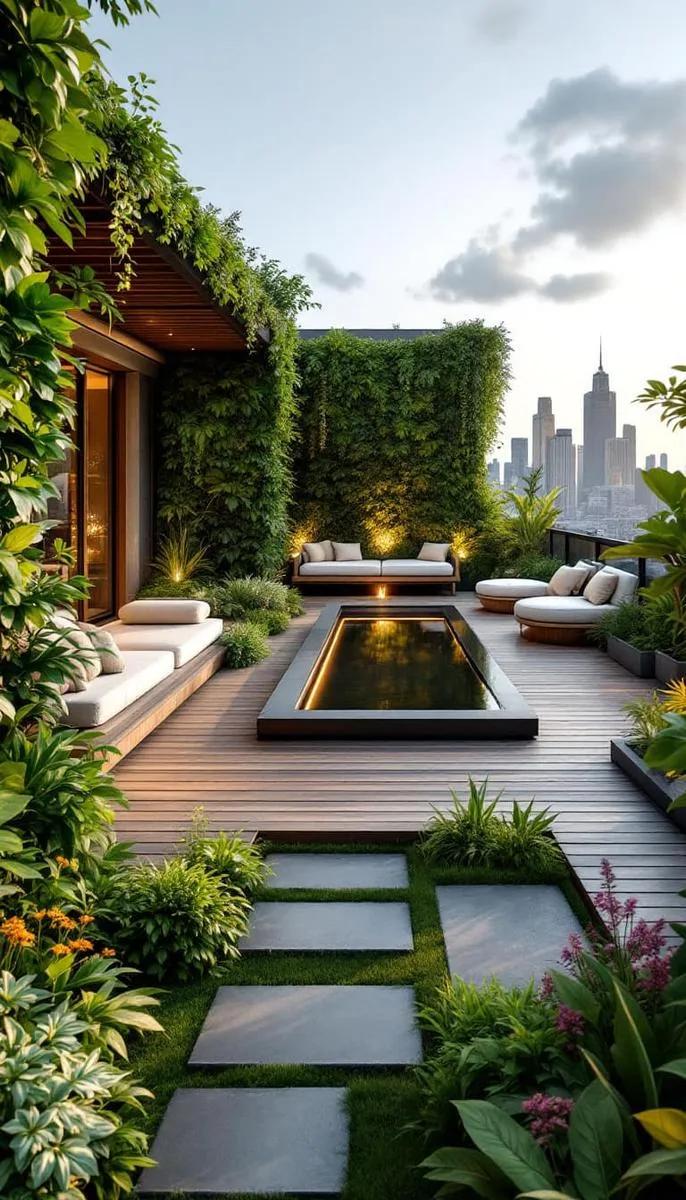 biophilic oasis with vertical gardens and a reflecting water feature 1