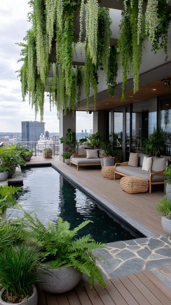 biophilic oasis with vertical gardens and a reflecting water feature 1
