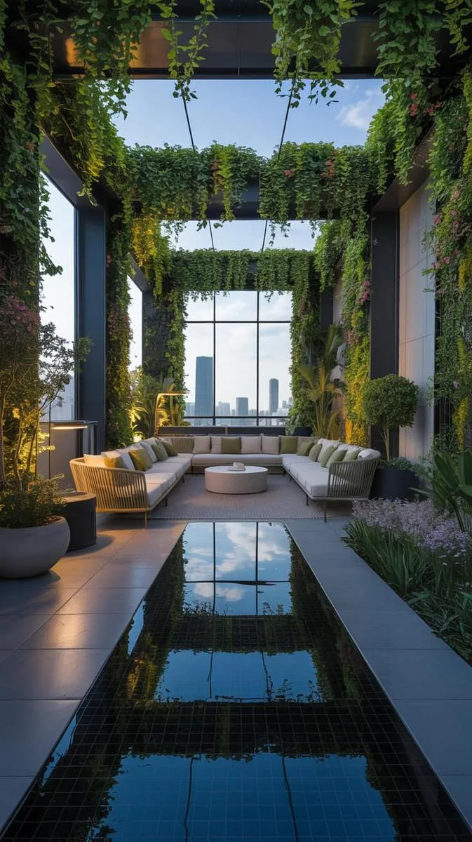 biophilic oasis with vertical gardens and a reflecting water feature 1