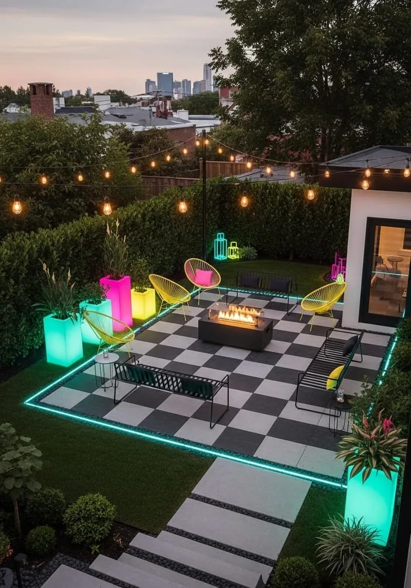 black and white checkerboard patio with pops of neon decor 1