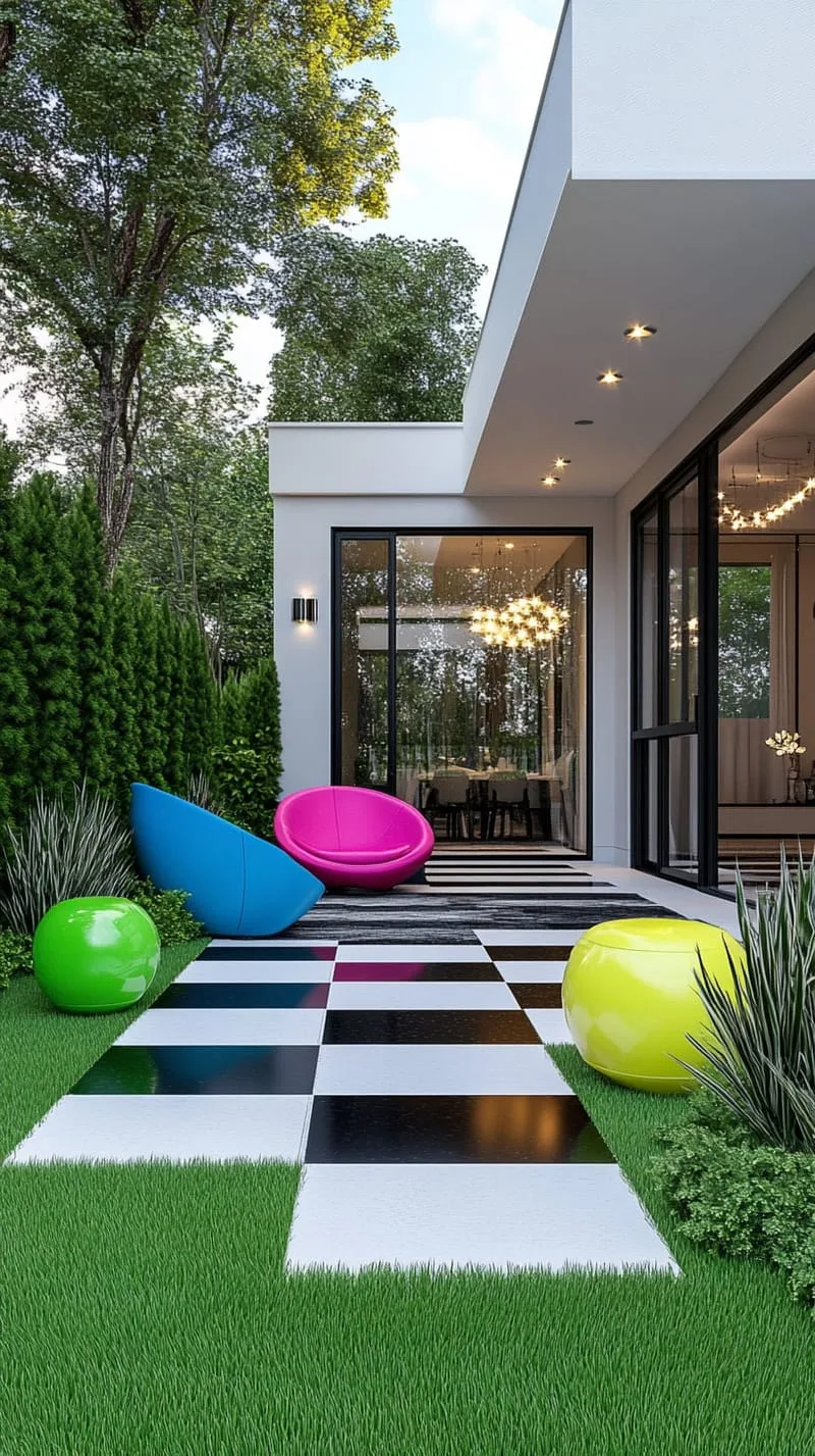 black and white checkerboard patio with pops of neon decor 1