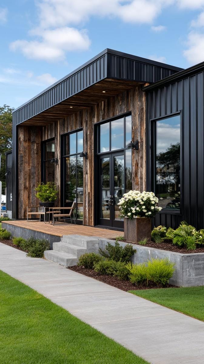 black metal siding with reclaimed wood accents and oversized industrial glass doors 1