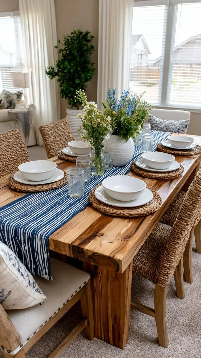 27 Dreamy Farmhouse Summer Decor Inspirations to Refresh Your Space 24 blue and white striped table runners for casual farmhouse dining tables 1