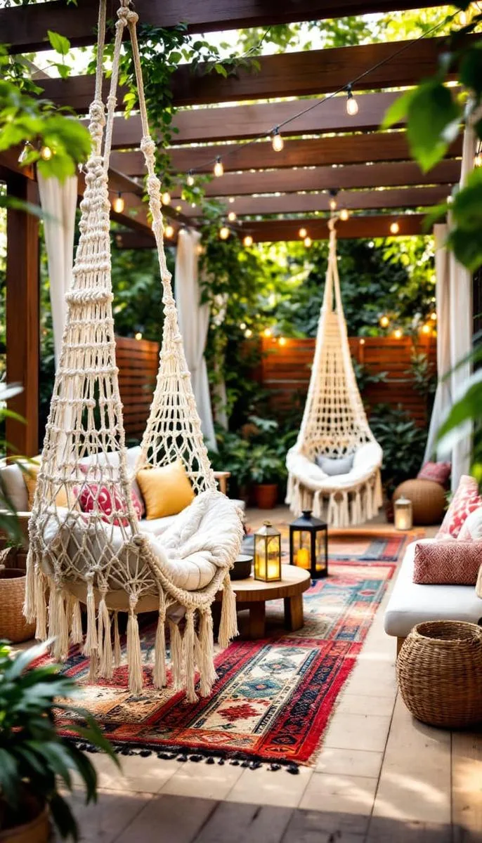 bohemian-inspired deck with macramé swings and layered outdoor rugs 1