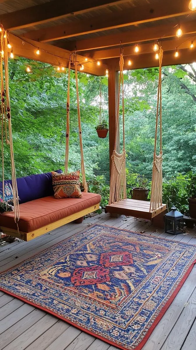 bohemian-inspired deck with macramé swings and layered outdoor rugs 1