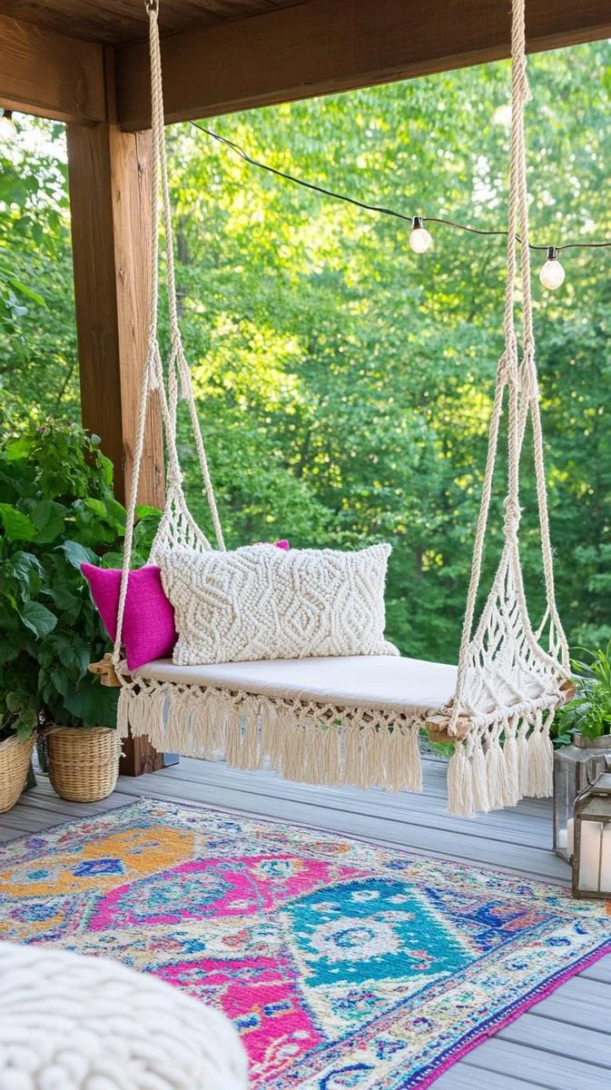 bohemian-inspired deck with macramé swings and layered outdoor rugs 1