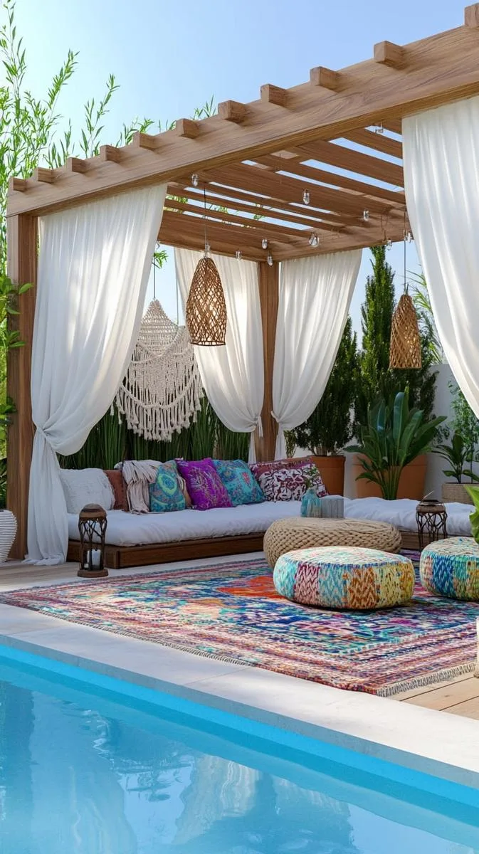 bohemian-inspired poolside pergola with macramé hangings and patterned floor cushions 1 bohemian-inspired poolside pergola with macramé hangings and patterned floor cushions 1