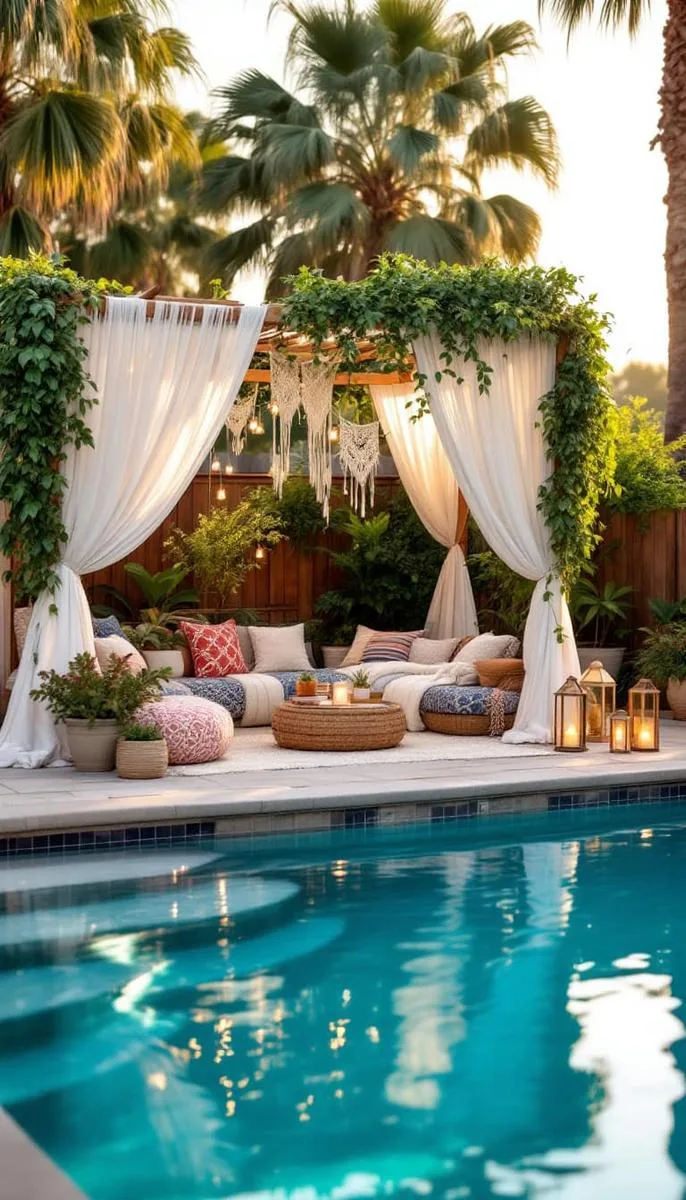 bohemian-inspired poolside pergola with macramé hangings and patterned floor cushions 1 bohemian-inspired poolside pergola with macramé hangings and patterned floor cushions 1