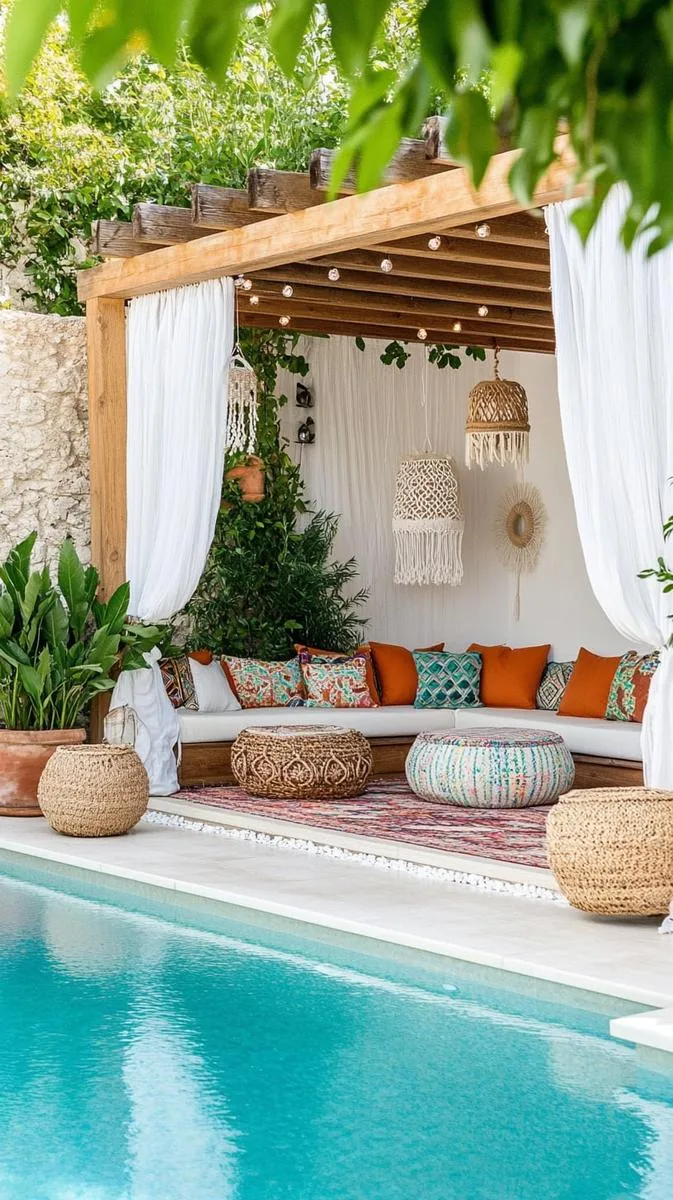 bohemian-inspired poolside pergola with macramé hangings and patterned floor cushions 1 bohemian-inspired poolside pergola with macramé hangings and patterned floor cushions 1