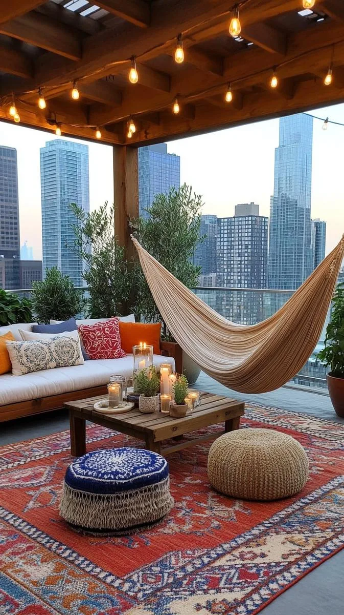 bohemian-inspired space with macramé hammocks and potted olive trees 1