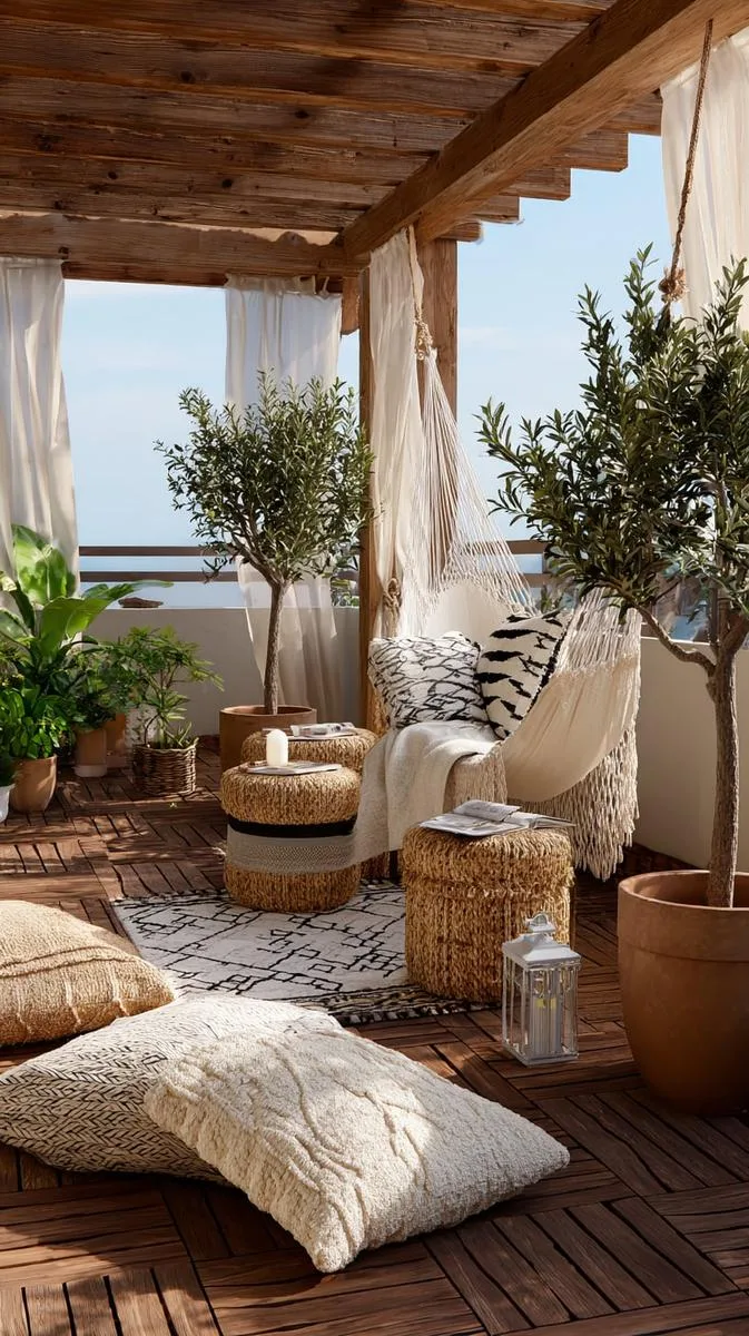 bohemian-inspired space with macramé hammocks and potted olive trees 1