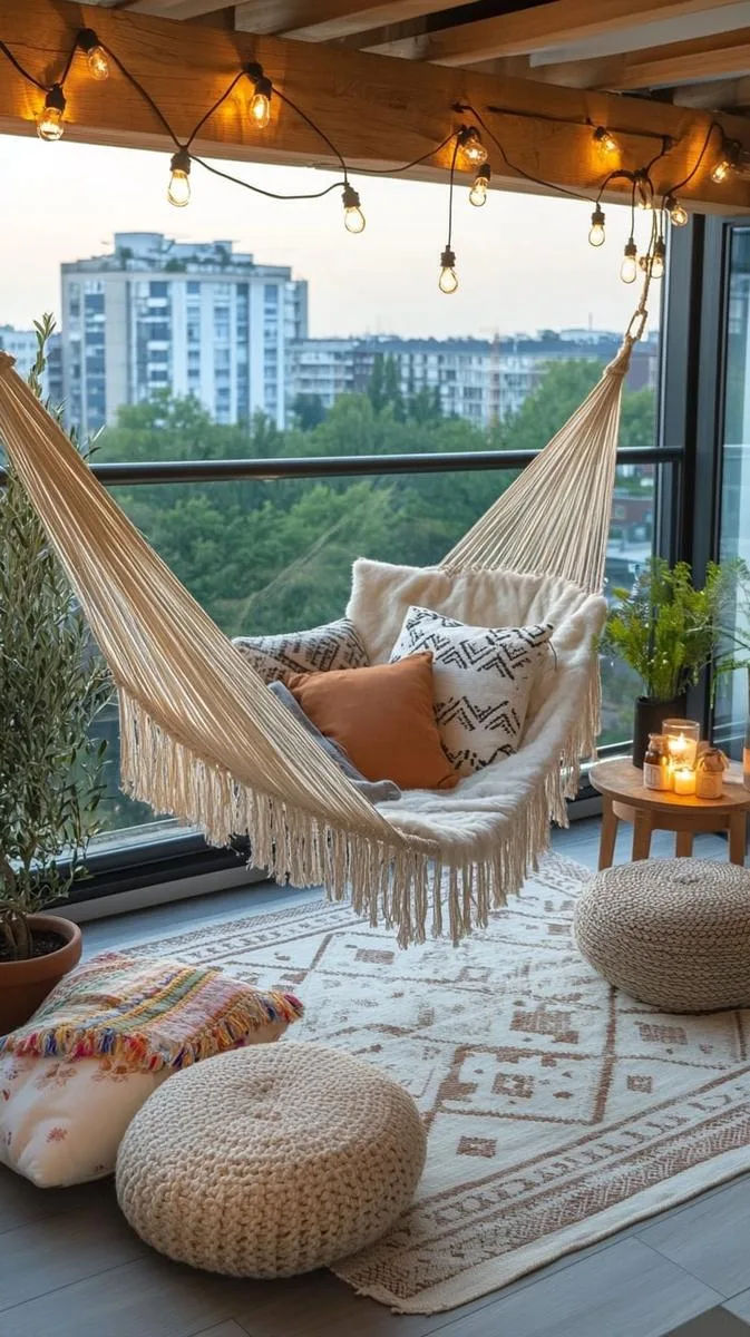 bohemian-inspired space with macramé hammocks and potted olive trees 1