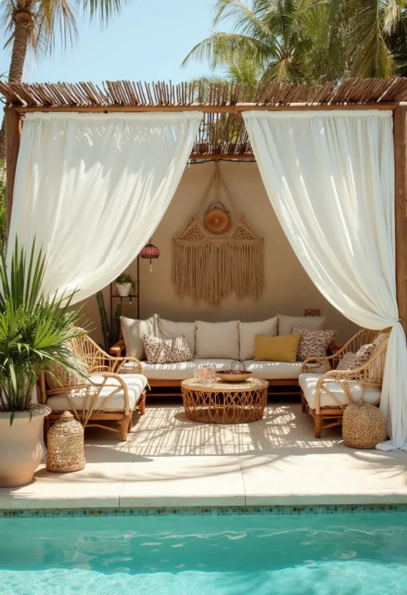 boho-chic pool house cabana with macramé swings and rattan furniture 1