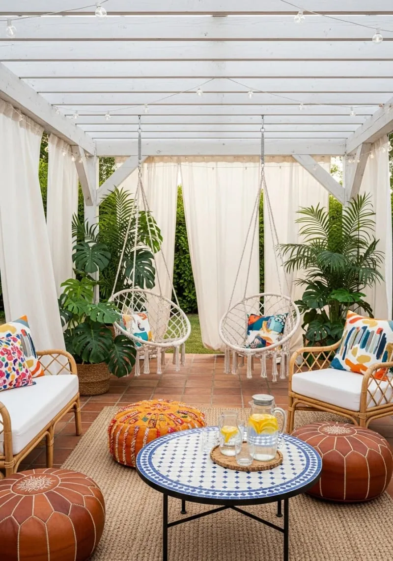 boho-chic pool house cabana with macramé swings and rattan furniture 1
