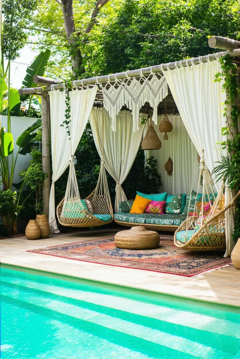 boho-chic pool house cabana with macramé swings and rattan furniture 1