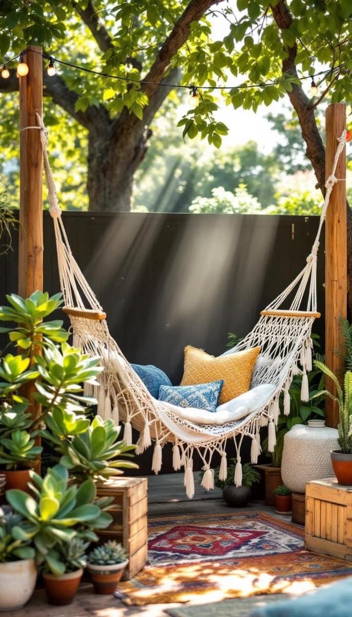 boho hammock nook draped with macrame and surrounded by potted succulents 1