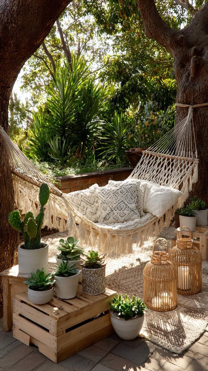 boho hammock nook draped with macrame and surrounded by potted succulents 1
