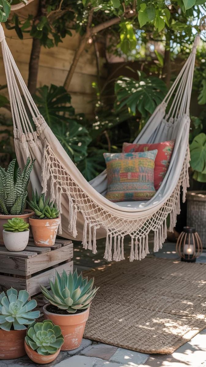 boho hammock nook draped with macrame and surrounded by potted succulents 1