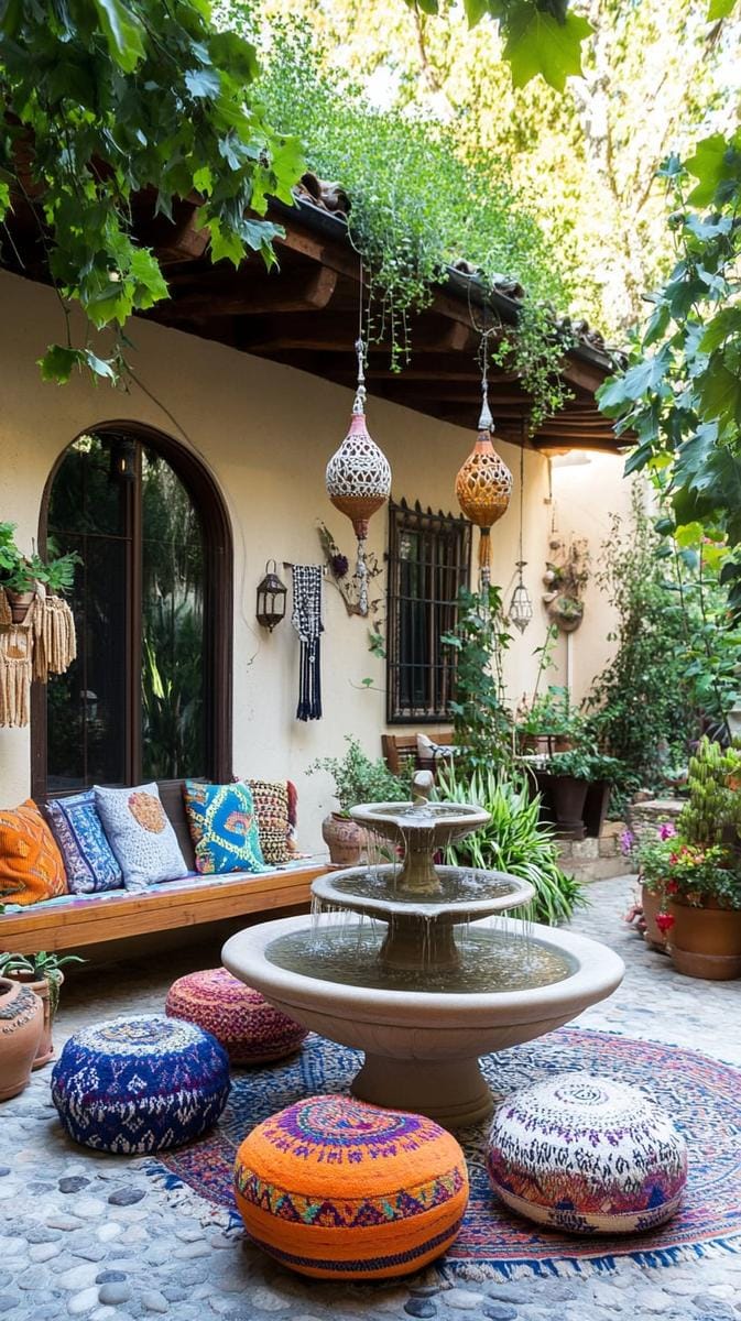 boho-inspired courtyard with a tiered ceramic water fountain and lanterns 1