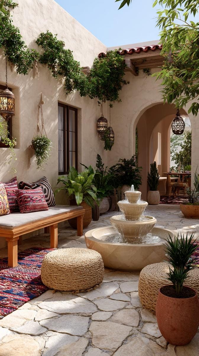 boho-inspired courtyard with a tiered ceramic water fountain and lanterns 1