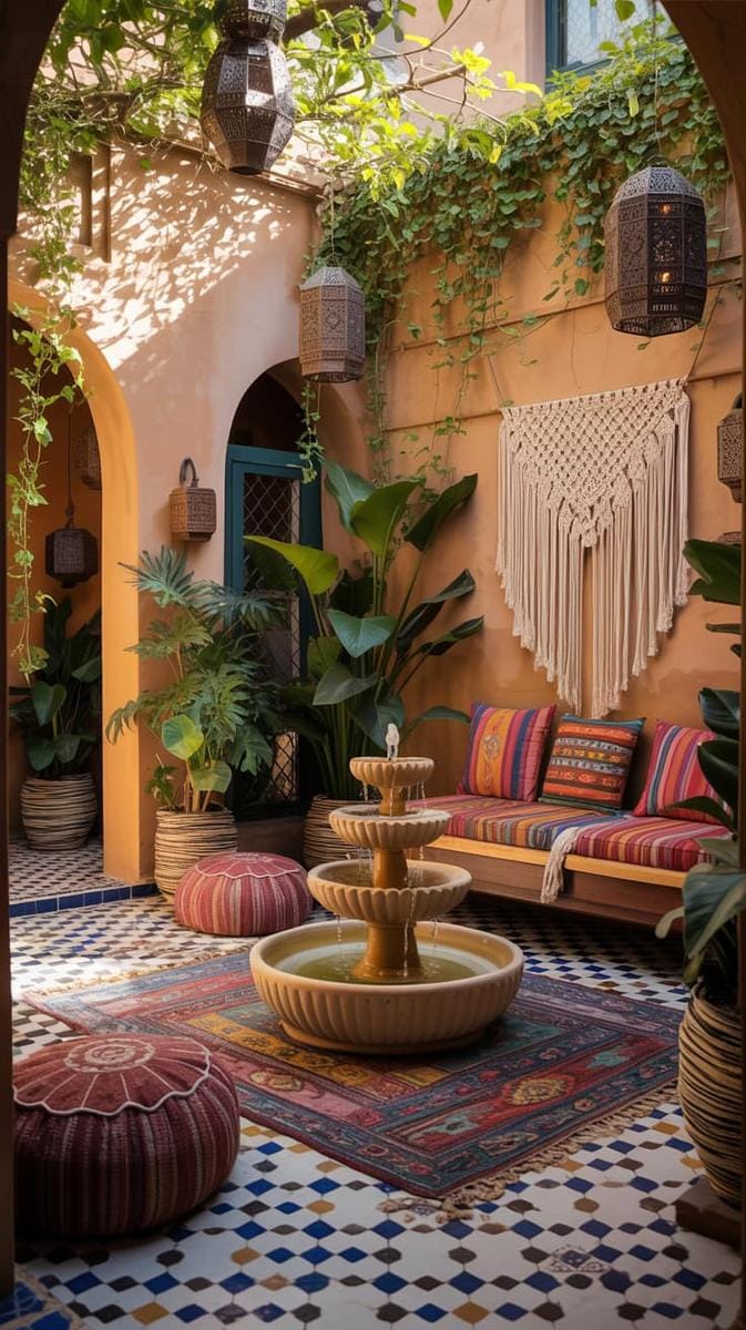 boho-inspired courtyard with a tiered ceramic water fountain and lanterns 1