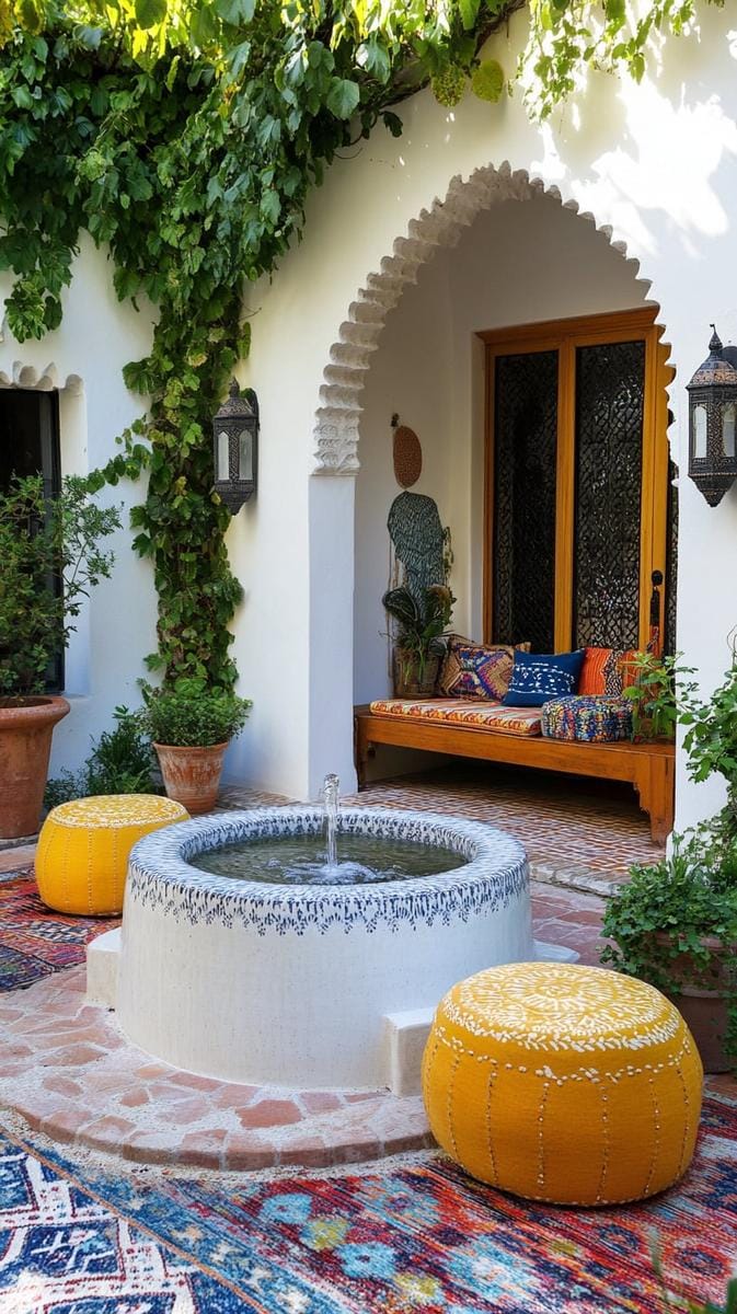 boho-inspired courtyard with a tiered ceramic water fountain and lanterns 1