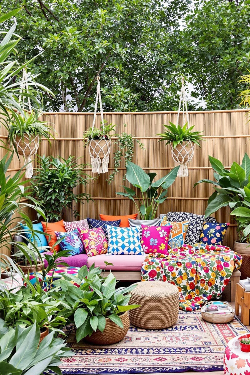 boho-inspired terrace garden with hanging macramé planters and patterned floor cushions 1
