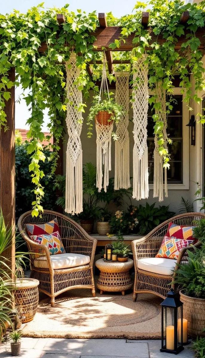 boho macramé plant hangers from a pergola beam 1