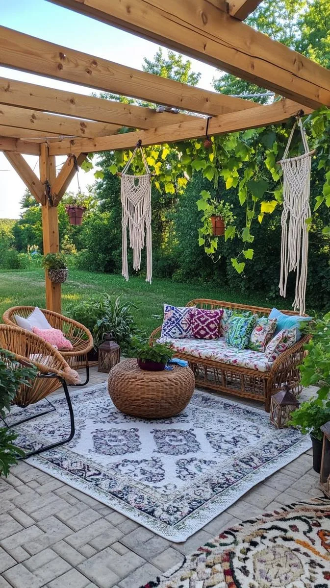 boho macramé plant hangers from a pergola beam 1