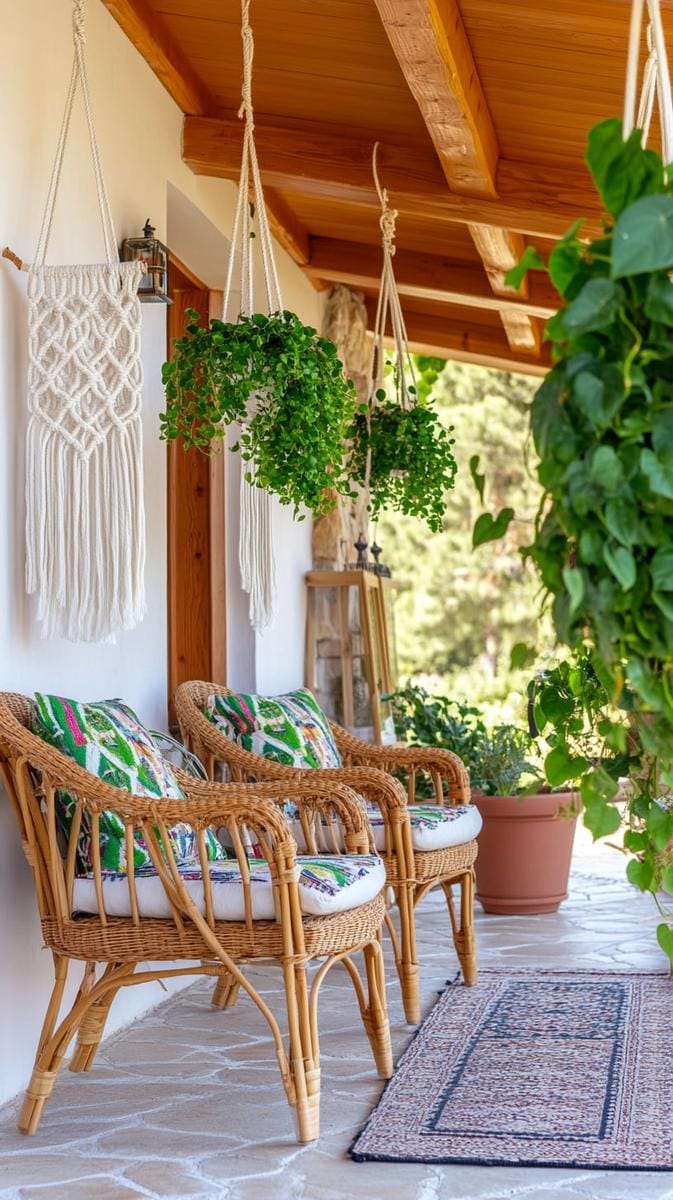 boho macramé plant hangers from a pergola beam 1