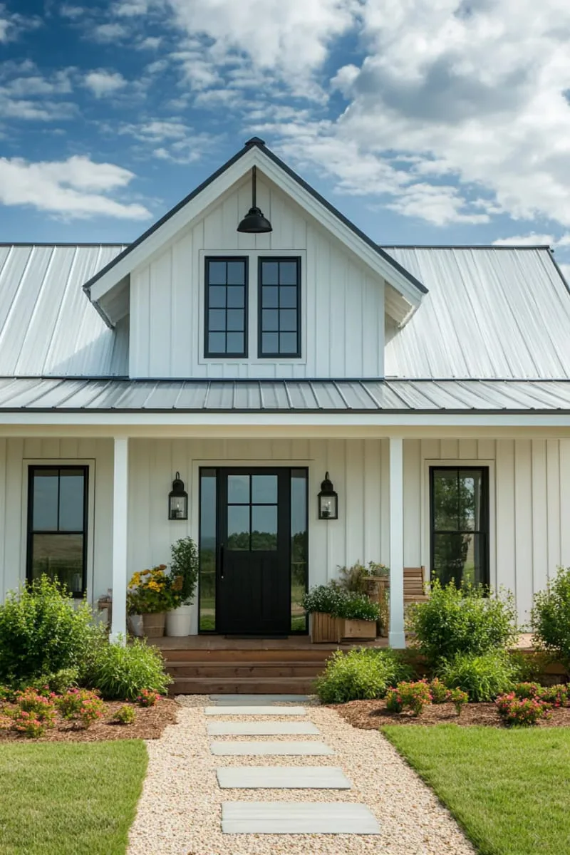 bold black window frames against crisp white board-and-batten siding 1