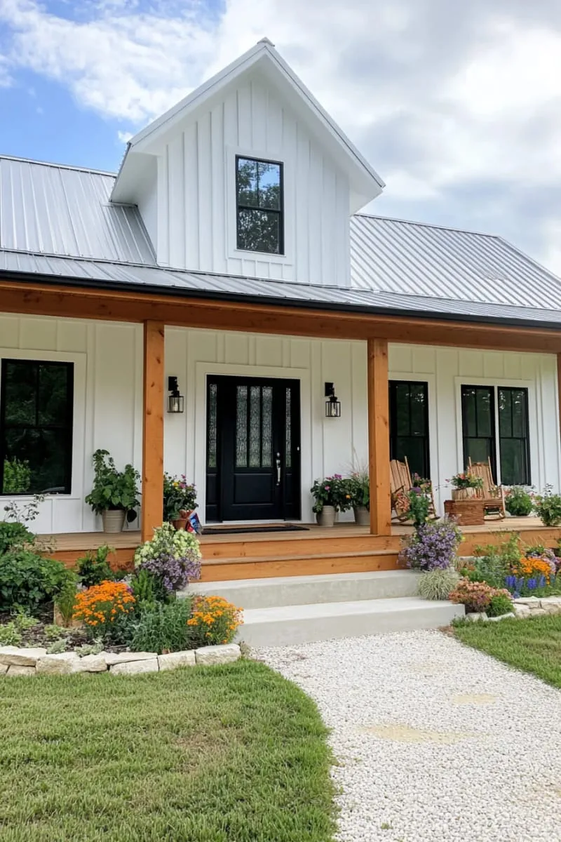 bold black window frames against crisp white board-and-batten siding 1