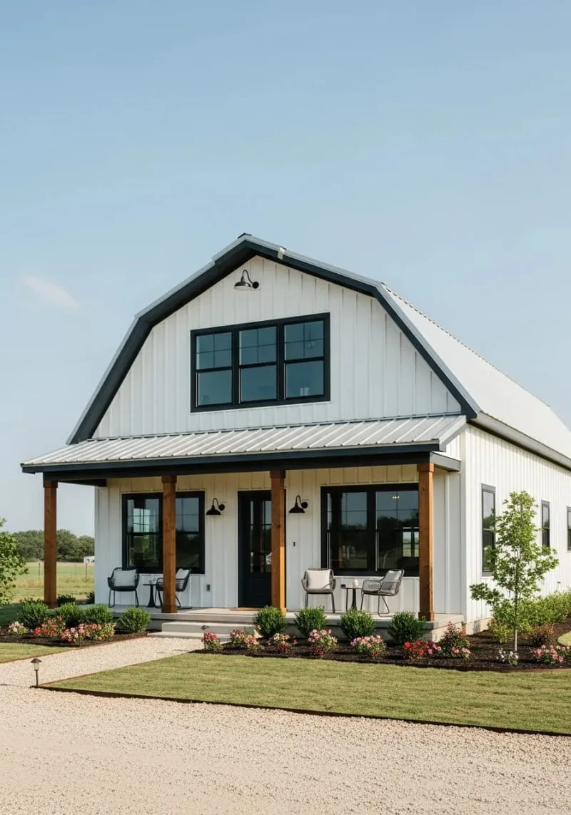 bold black window frames against crisp white board-and-batten siding 1
