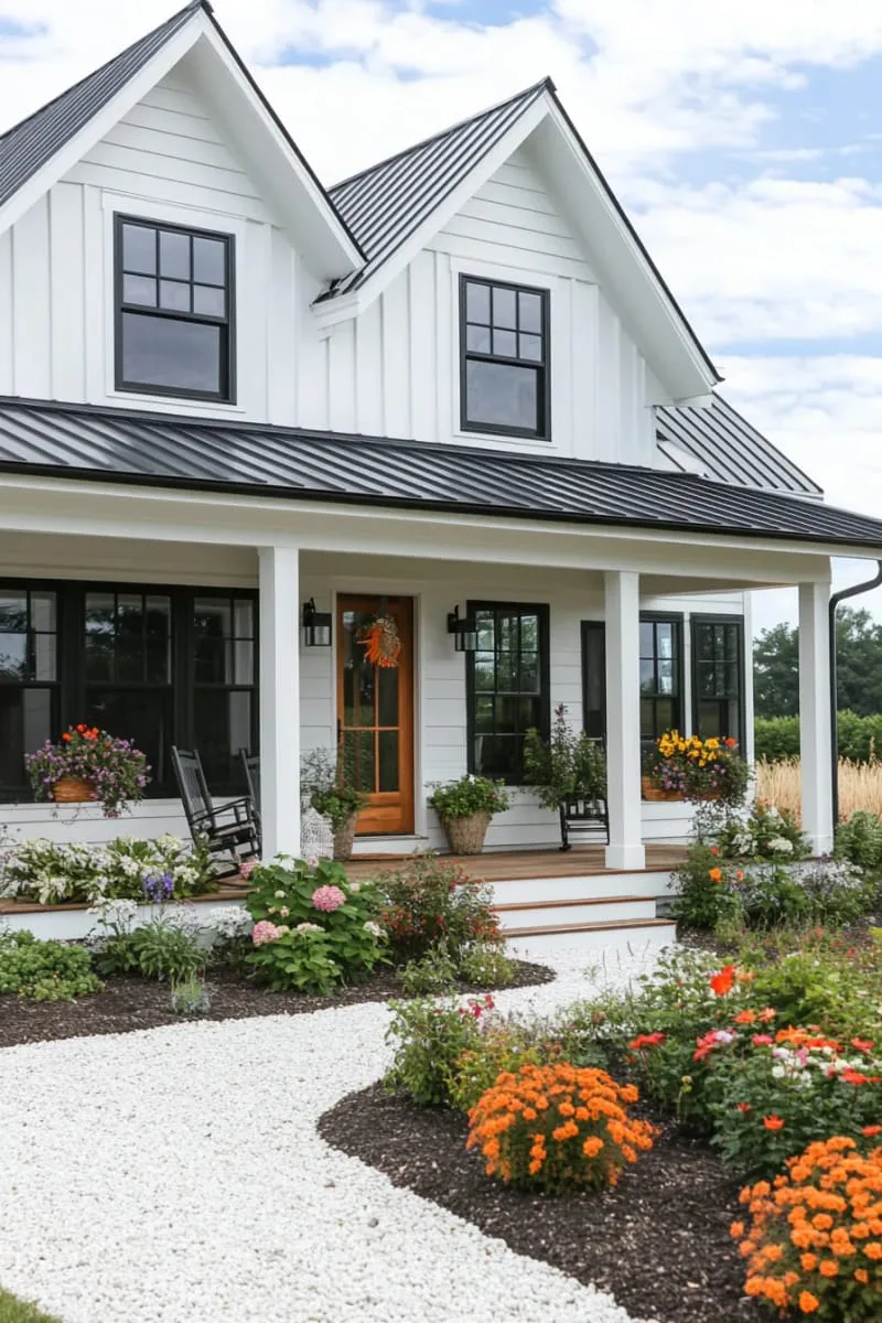 bold black window frames against crisp white board-and-batten siding 1